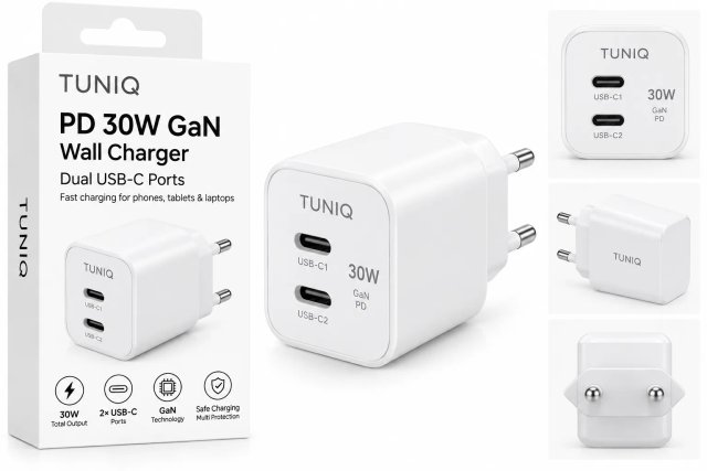 TUNIQ PD 30W GaN Мережевий зарядний пристрій — Два порти — колір: білий