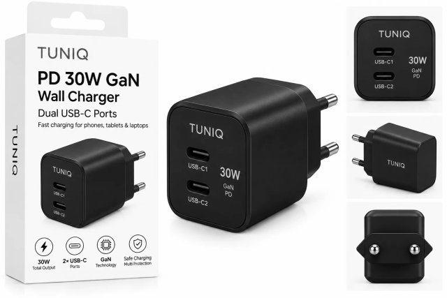 TUNIQ PD 30W GaN Мережевий зарядний пристрій — Два порти — колір: чорний