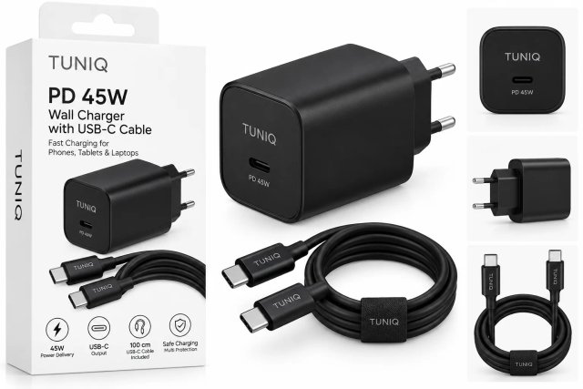 TUNIQ PD 45W — Мережевий зарядний пристрій з USB-C Кабель — колір: чорний