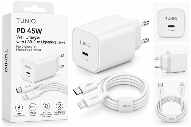 TUNIQ PD 45W — Мережевий зарядний пристрій з USB-C на iPhone Кабель — колір: білий