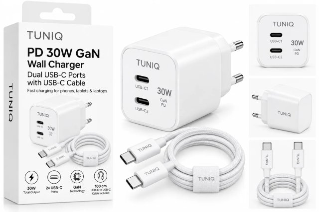 TUNIQ PD 30W GaN Мережевий зарядний пристрій — Два порти з USB-C Кабель — колір: білий