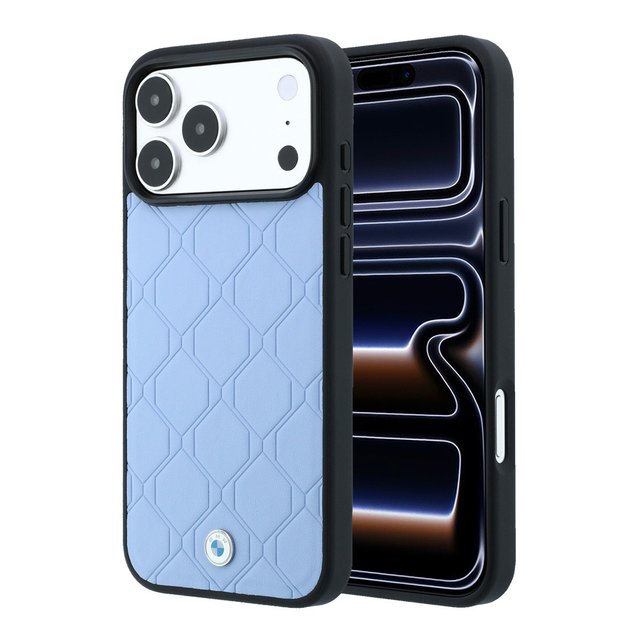 BMW Жорсткий чохол-накладка для iPhone 18 Pro Max — MagSafe, стьобаний PU, металевий логотип із пропелером — колір: блакитний